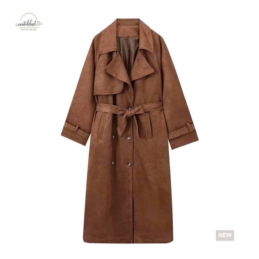 Faux Suede Trench Coat Double Breasted Pea Coat with Belt Chic Classic Elegant